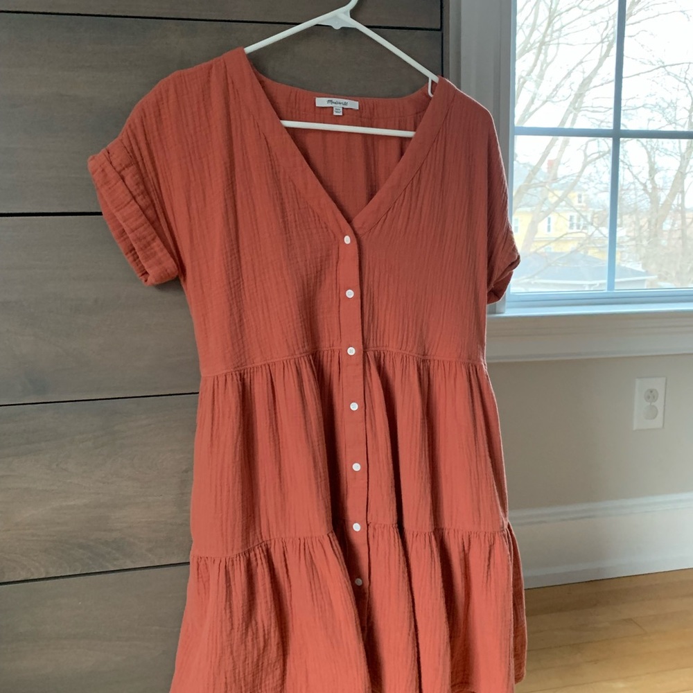 MADEWELL lightspun cuff-sleeve button-front tiered mini dress